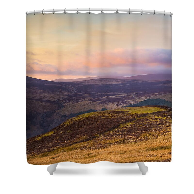 Blue Shower Curtain featuring the photograph Sally Gap in Wicklow Mountains at sunset by Semmick Photo