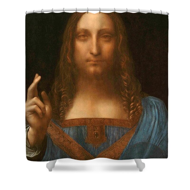 1500 Shower Curtain featuring the painting Salvator Mundi by Leonardo da Vinci