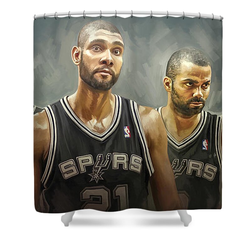 Tim Duncan Shower Curtain featuring the painting San Antonio Spurs Artwork by Sheraz A