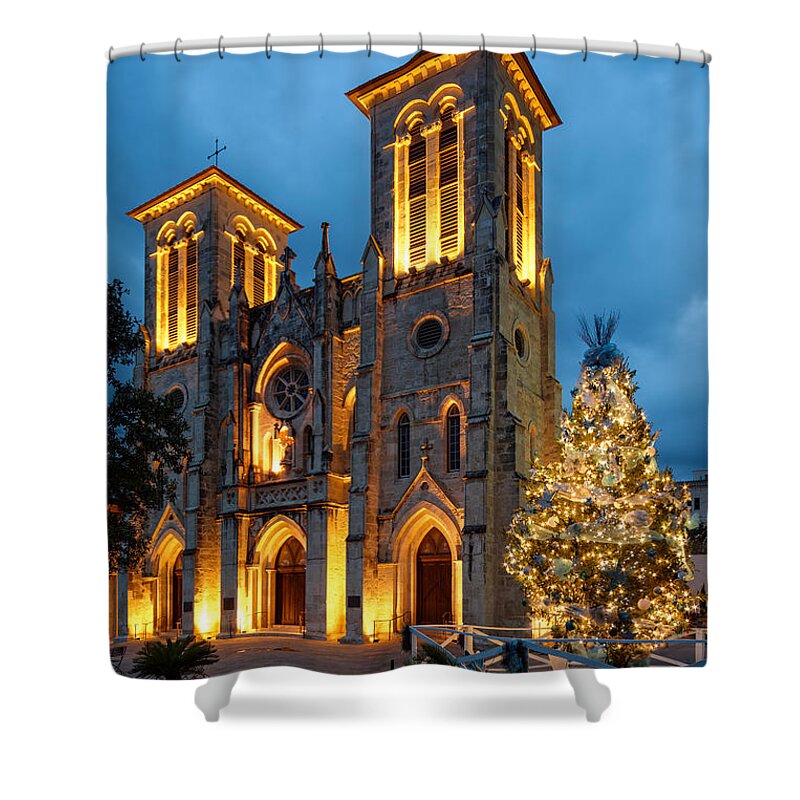 San Shower Curtain featuring the photograph San Fernando Cathedral and Christmas Tree Main Plaza - San Antonio Texas by Silvio Ligutti