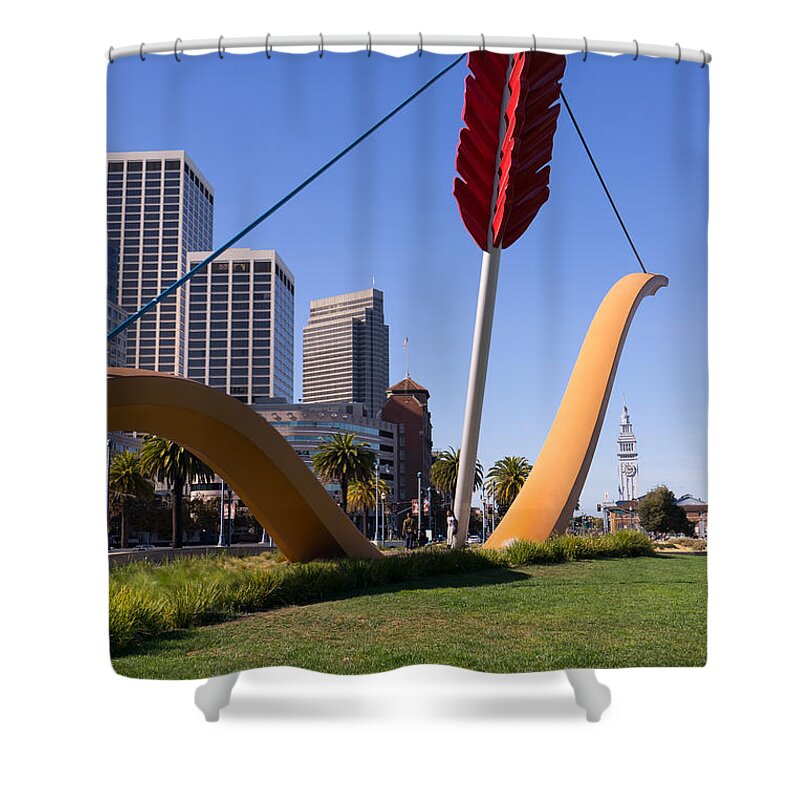 San Francisco Shower Curtain featuring the photograph San Francisco Cupids Span Sculpture At Rincon Park On The Embarcadero DSC1927 by Wingsdomain Art and Photography