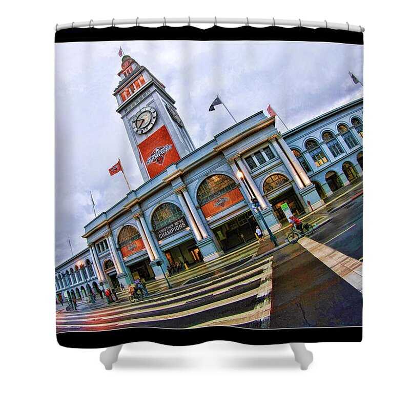 San Francisco Ferry Building Shower Curtain featuring the photograph San Francisco Ferry Building Giants Decorations. by Blake Richards