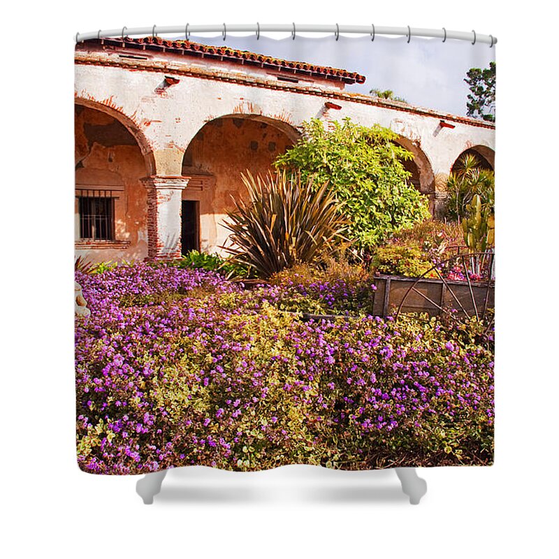 California Shower Curtain featuring the photograph San Juan Capistrano Mission Flower Garden by A Macarthur Gurmankin