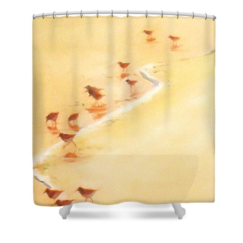 Sandpiper Shower Curtain featuring the painting Sandpiper Promenade by Mary Hubley