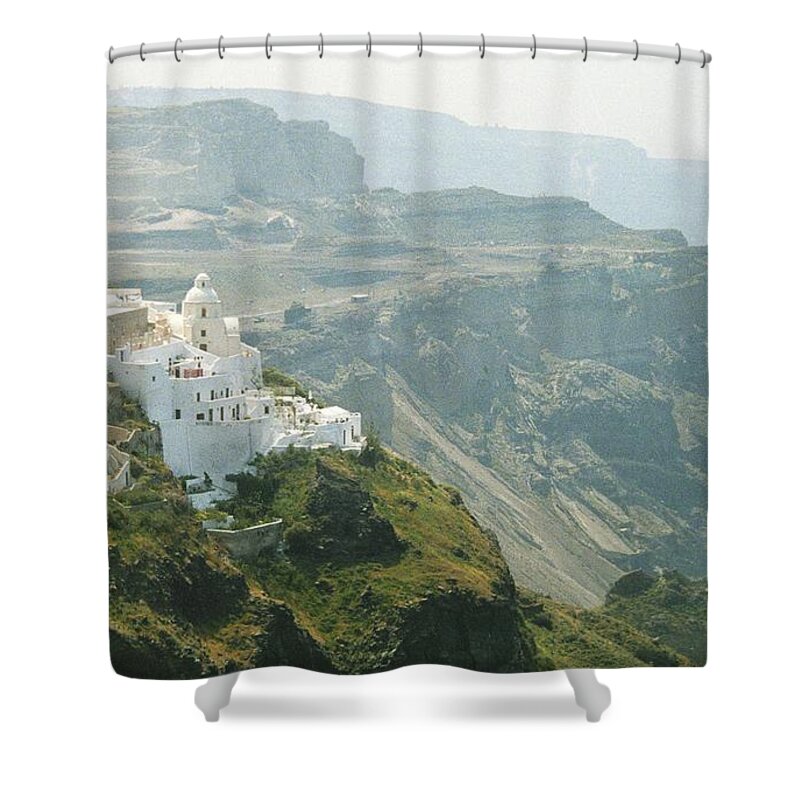 Santorini Greece Cliff Top White Buildings Shower Curtain featuring the photograph Santorini by Susie Rieple