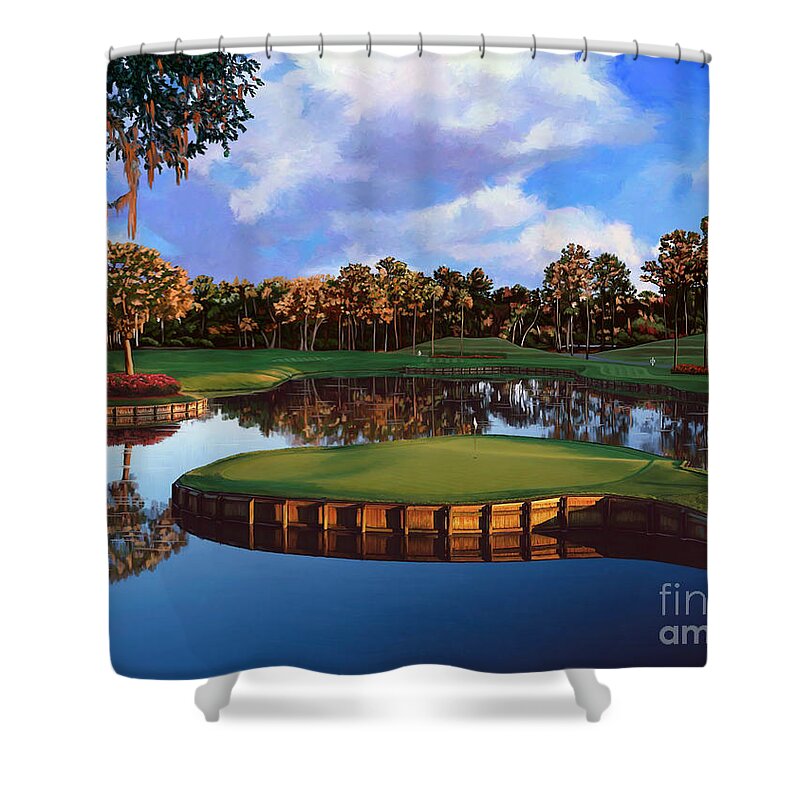 Sawgrass 17th Hole Shower Curtain featuring the painting Sawgrass 17th Hole by Tim Gilliland