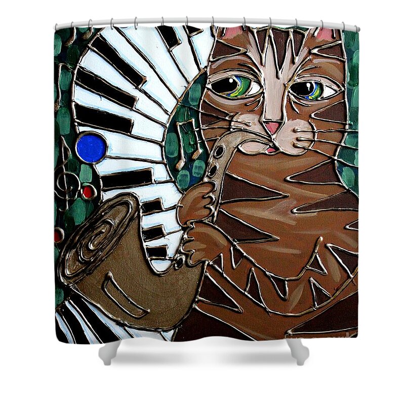 Cat Shower Curtain featuring the painting Sax Cat by Cynthia Snyder