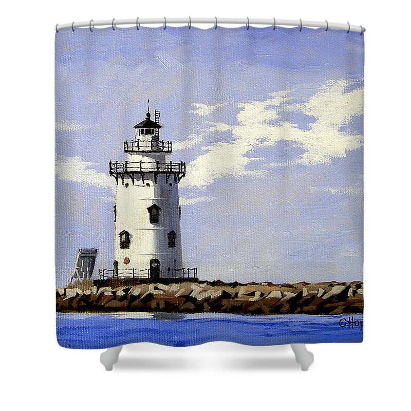 Christine Hopkins Shower Curtain featuring the painting Saybrook Breakwater Lighthouse Old Saybrook Connecticut by Christine Hopkins