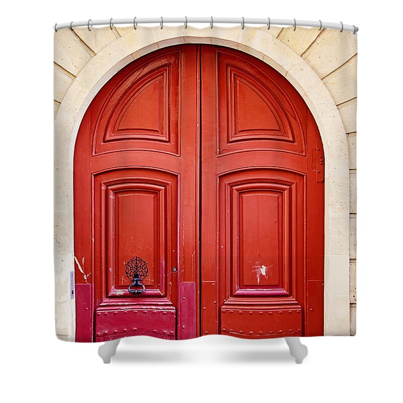 Red Shower Curtain featuring the photograph Scarlet Red Doors - Paris by Melanie Alexandra Price