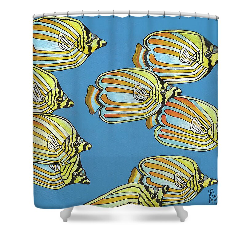 Chaetodon Shower Curtain featuring the painting School is in Session by Adam Johnson