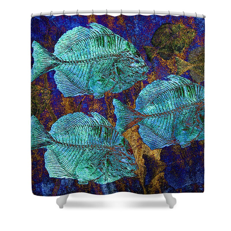 Fossil Fish Shower Curtain featuring the digital art School of Fossil Fish by Sandra Selle Rodriguez