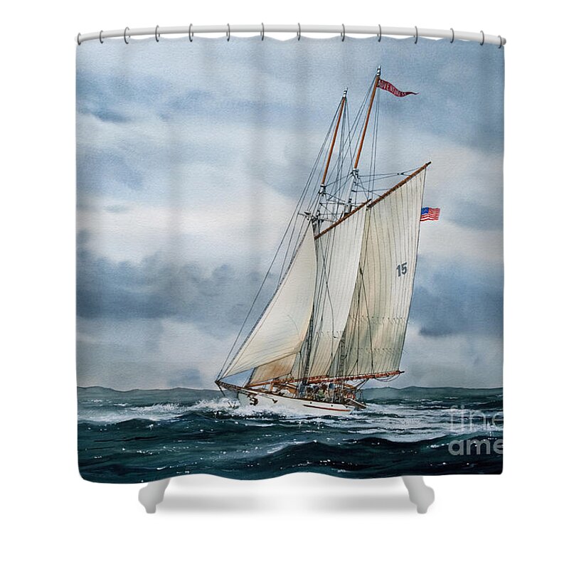 Tall Ship Print Shower Curtain featuring the painting Schooner Adventuress by James Williamson