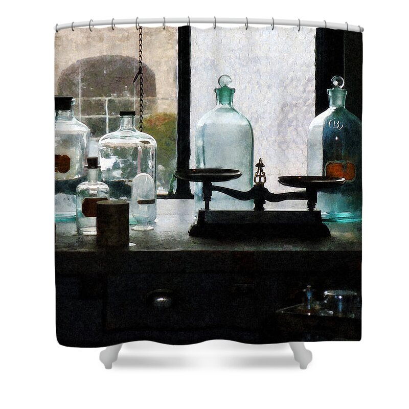 Science Shower Curtain featuring the photograph Science - Balance and Bottles in Chem Lab by Susan Savad