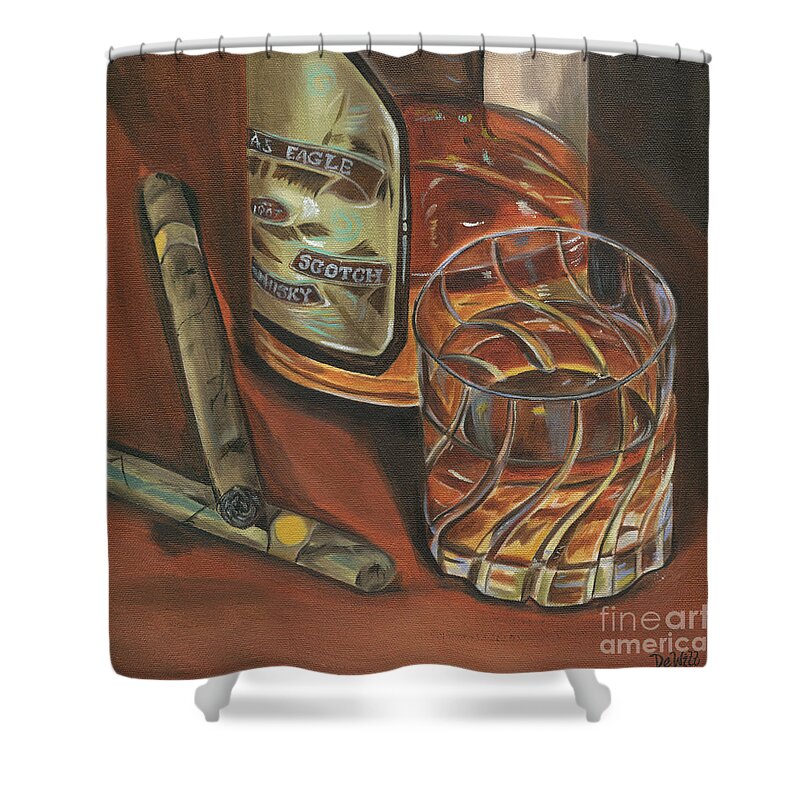 Scotch Shower Curtain featuring the painting Scotch and Cigars 3 by Debbie DeWitt