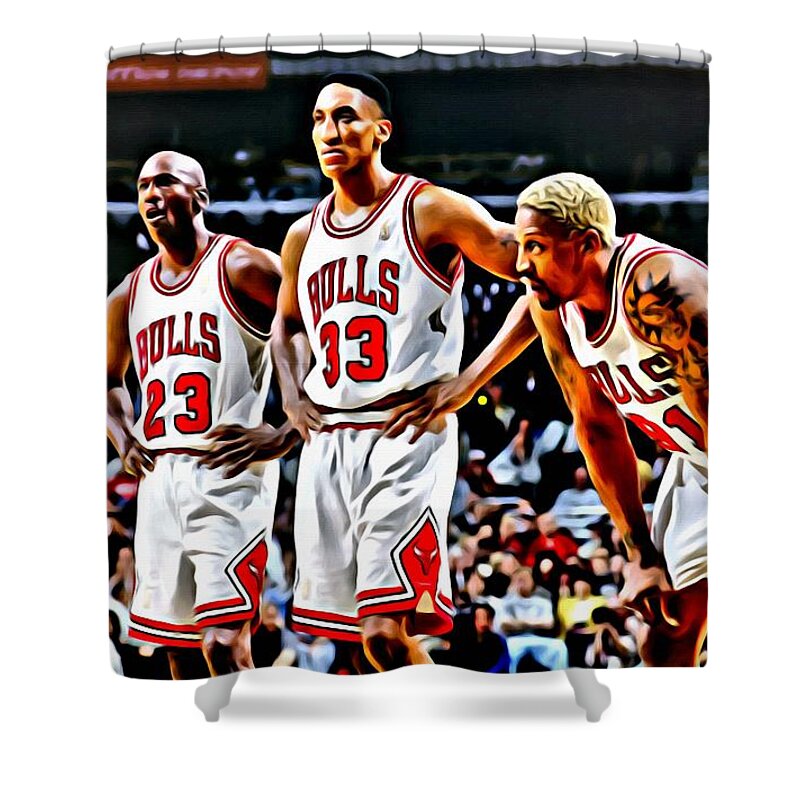 National Shower Curtain featuring the painting Scottie Pippen with Michael Jordan and Dennis Rodman by Florian Rodarte