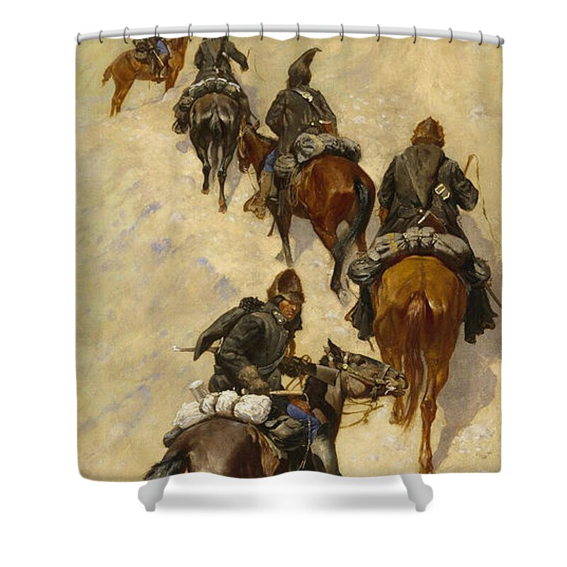 Frederic Remington Shower Curtain featuring the painting Scouts Climbing a Mountain by Frederic Remington