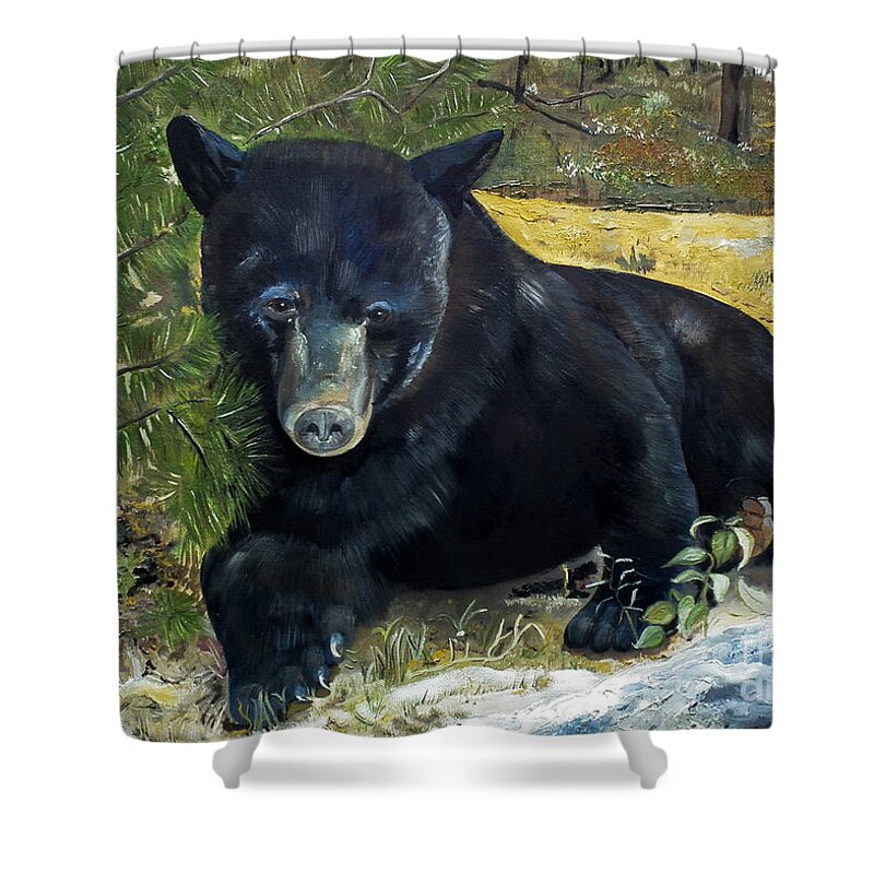 Black Bear Shower Curtain featuring the painting Scruffy - Black Bear - unsigned by Jan Dappen