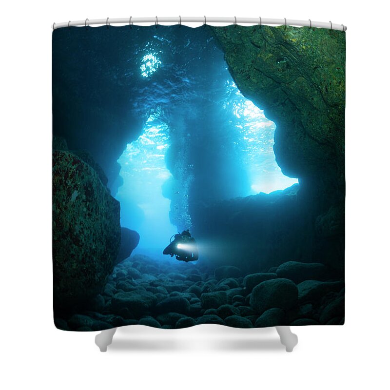 Underwater Shower Curtain featuring the photograph Scuba Diver In Lava Tube, Hawaii by Michele Westmorland