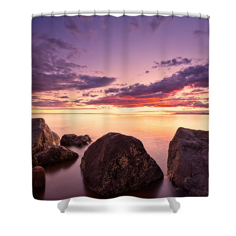Beach Shower Curtain featuring the photograph Sea at sunset the sky is in beautiful dramatic color by U Schade