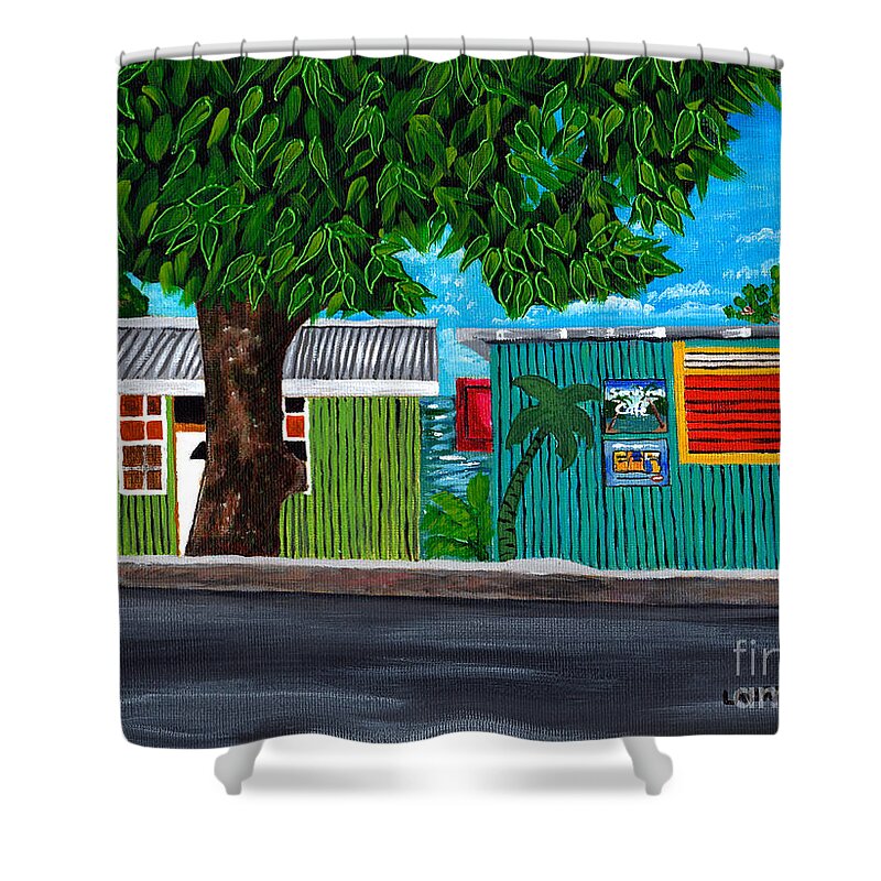 Caribbean Houses Shower Curtain featuring the painting Sea-view Cafe by Laura Forde