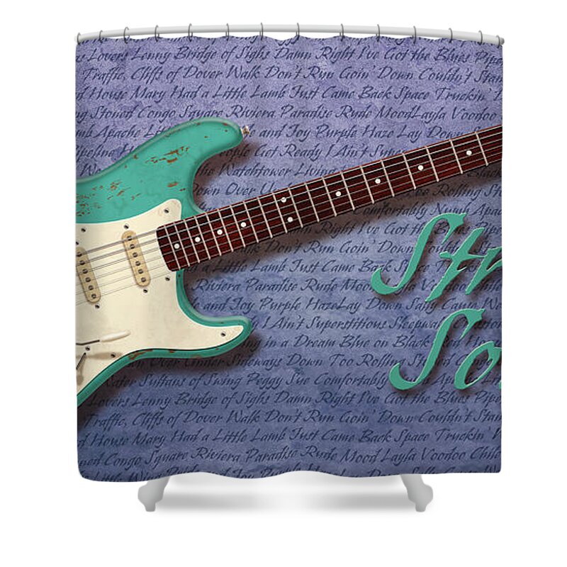 Fender Stratocaster Shower Curtain featuring the digital art Seafoam Strat Songs by WB Johnston