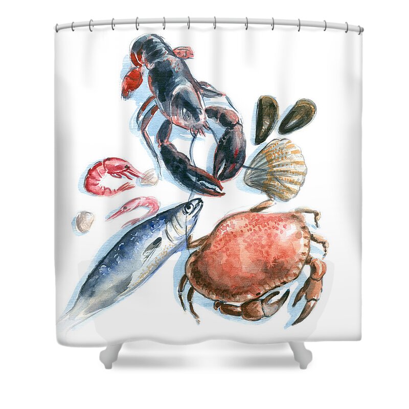 Watercolor Painting Shower Curtain featuring the digital art Seafood Watercolor by Axllll