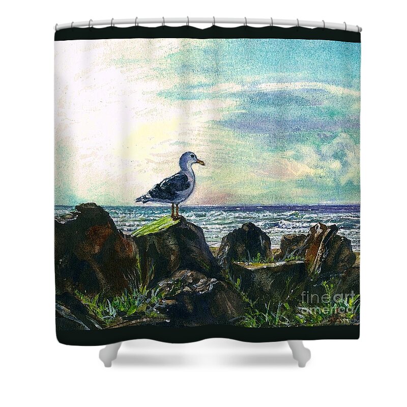 Cynthia Pride Watercolor Painting Shower Curtain featuring the painting Seagull Lookout by Cynthia Pride