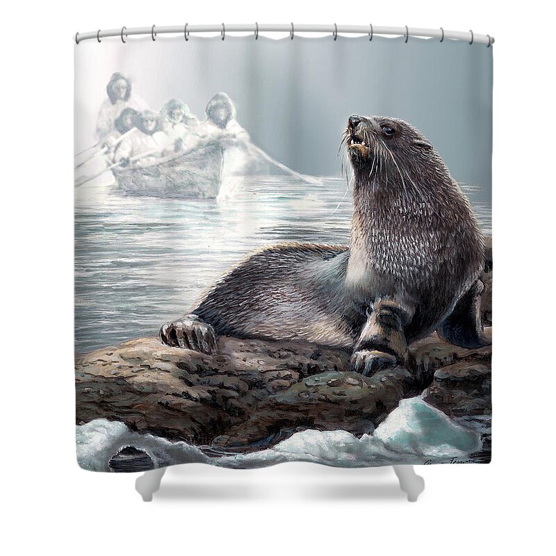 Painting By Gina Femrite Shower Curtain featuring the painting Harp seal and native hunters by Regina Femrite
