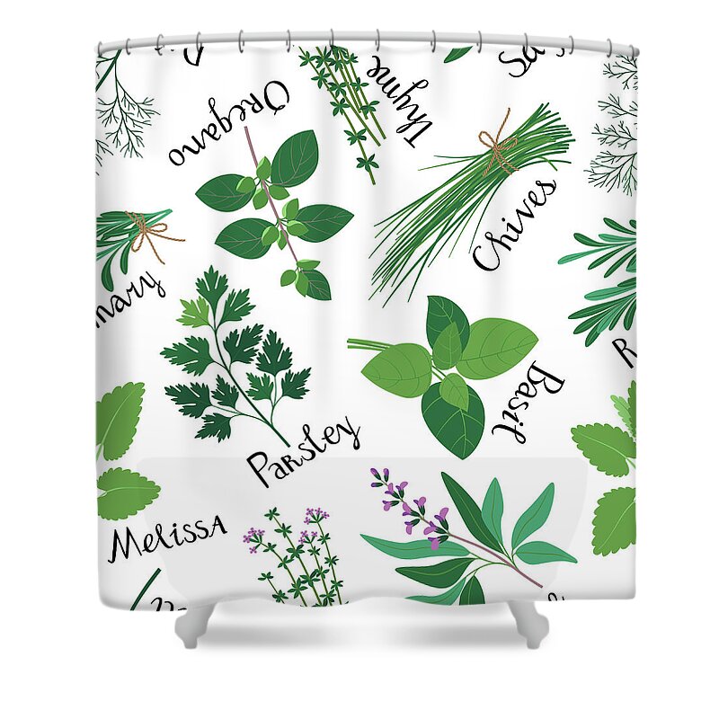Spice Shower Curtain featuring the digital art Seamless Pattern Fresh Herbs by Innabodrova