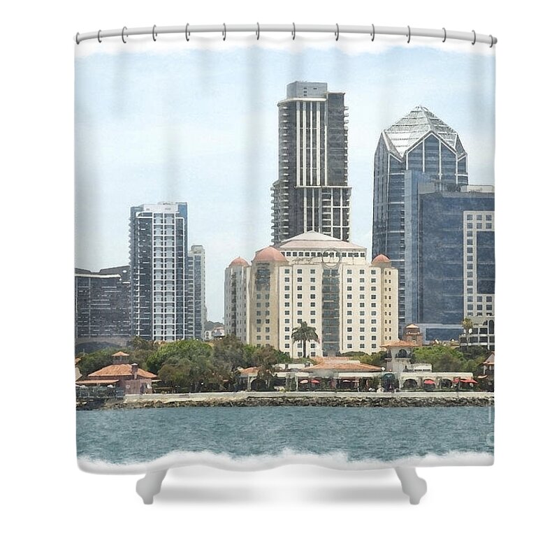 Architecture Shower Curtain featuring the mixed media Seaport Village and Downtown San Diego Watercolor by Claudia Ellis