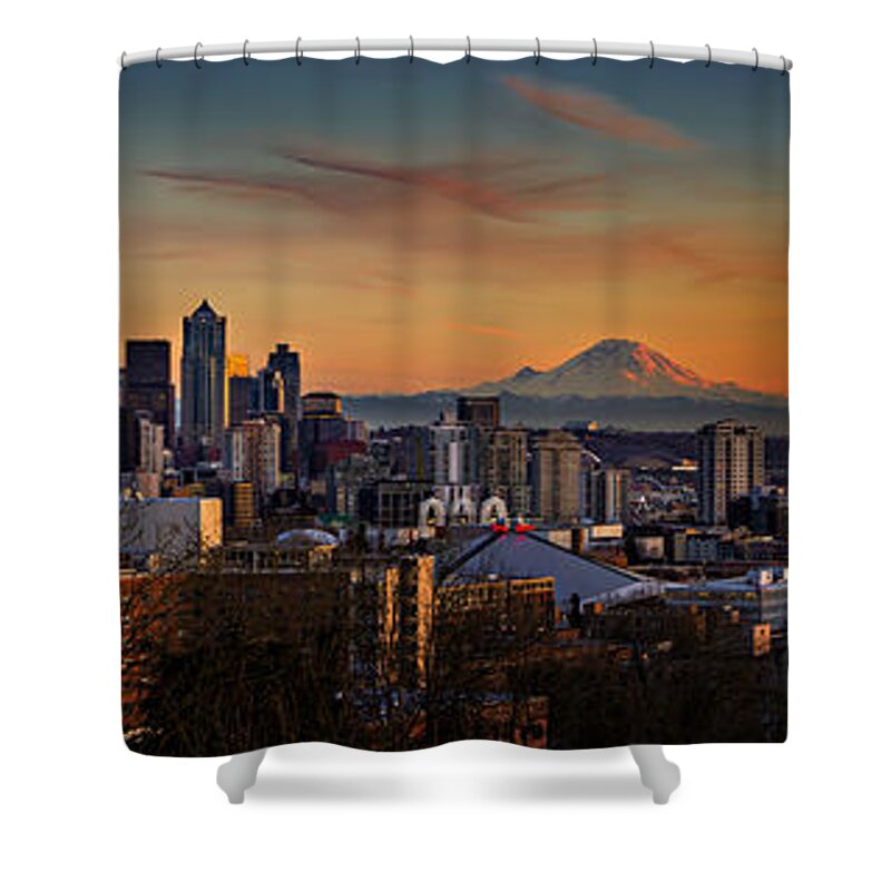 Skyline Shower Curtain featuring the photograph Seattle Sunset Panorama by Mary Jo Allen
