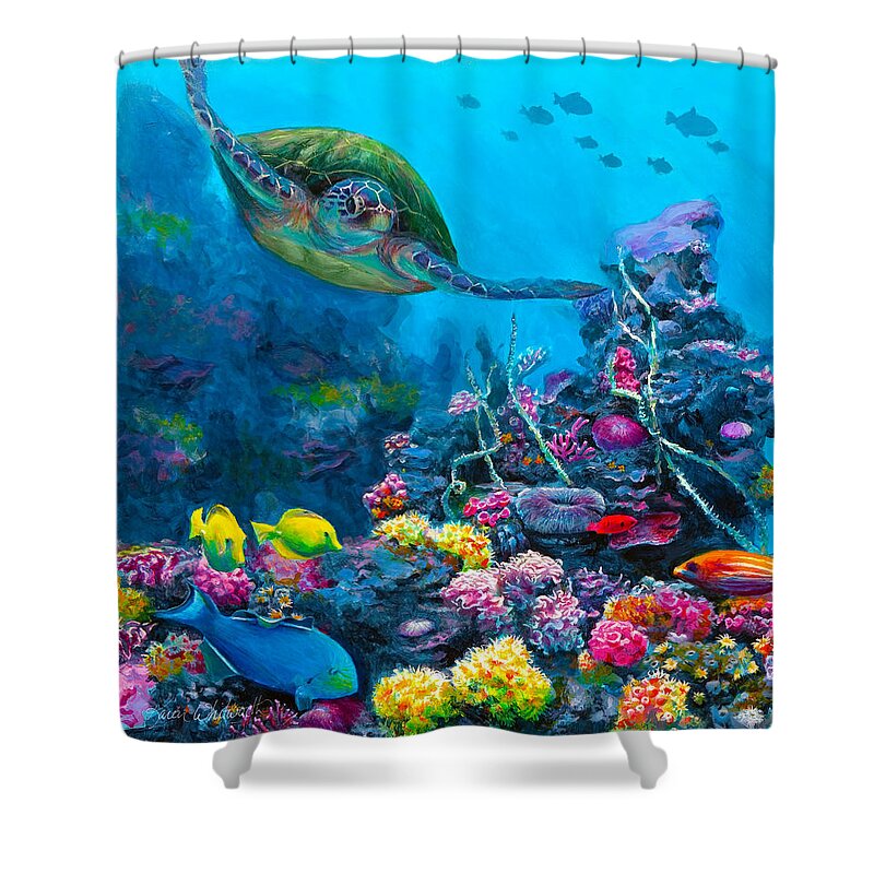 Hawaii Shower Curtain featuring the painting Secret Sanctuary - Hawaiian Green Sea Turtle and Reef by K Whitworth