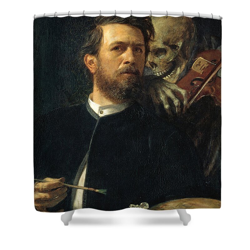 Arnold Boecklin Shower Curtain featuring the painting Self-Portrait with Death as a Fiddler by Arnold Boecklin