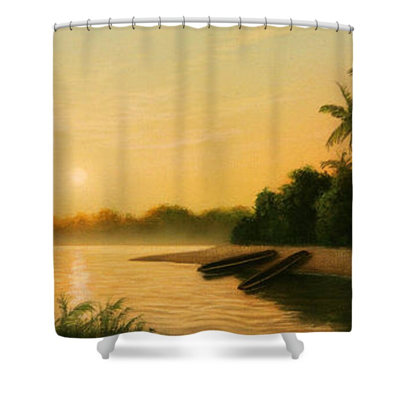 Native American Shower Curtain featuring the painting Seminole Sunset by Jerry LoFaro