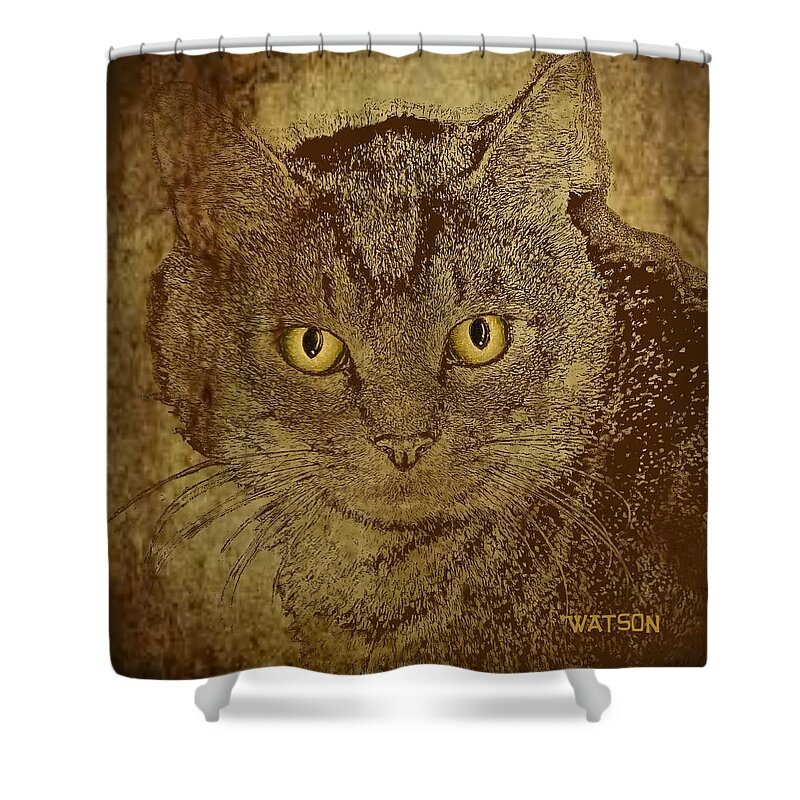 Cat Prints Shower Curtain featuring the digital art Sepia Cat by Marlene Watson