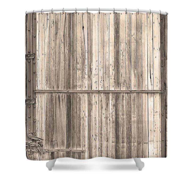 Train Door Shower Curtain featuring the photograph Sepia Old Classic Colorado Railroad Car Door by James BO Insogna