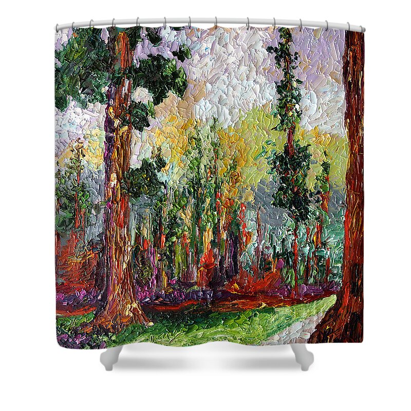Trees Shower Curtain featuring the painting Sequoia Path National Parks by Ginette Callaway