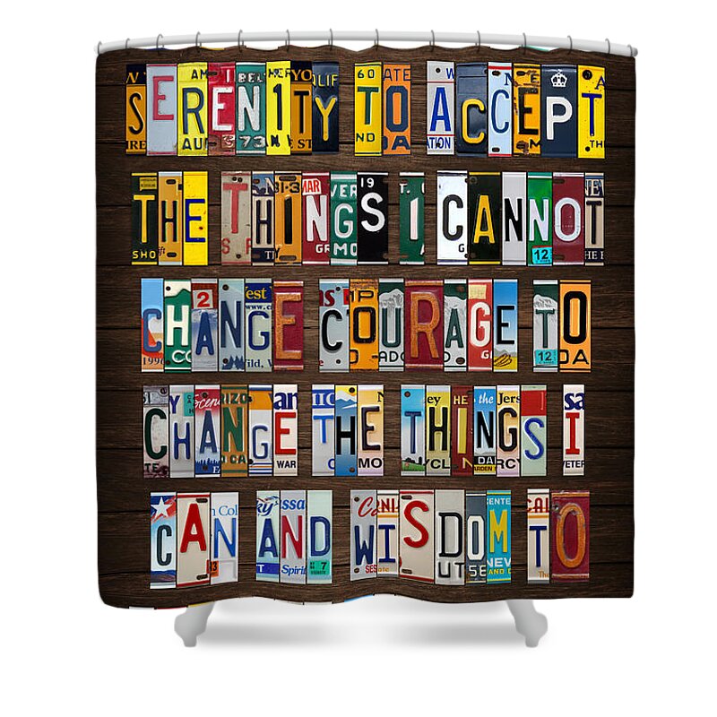 Serenity Prayer Shower Curtain featuring the mixed media Serenity Prayer Reinhold Niebuhr Recycled Vintage American License Plate Letter Art by Design Turnpike