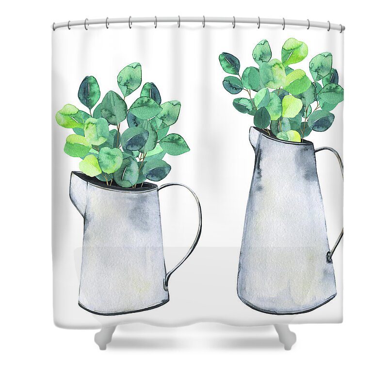 Art Shower Curtain featuring the digital art Set With Metal Jars And Eucalyptus by Maria Mirnaya
