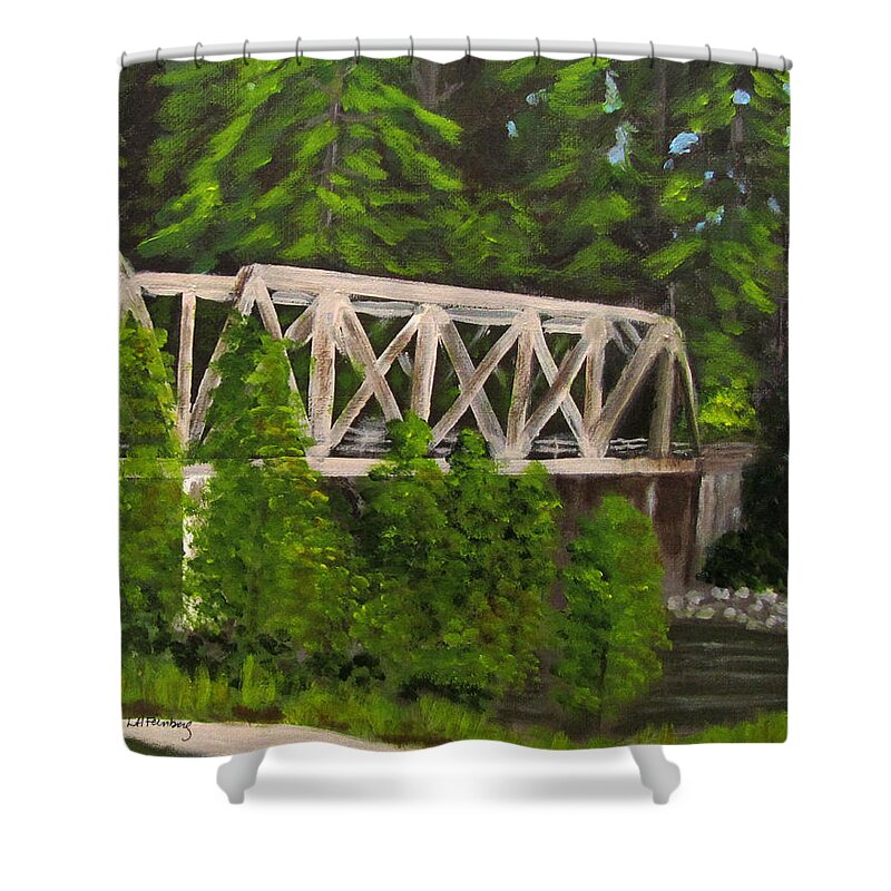 Landscape Shower Curtain featuring the painting Sewalls Falls Bridge by Linda Feinberg