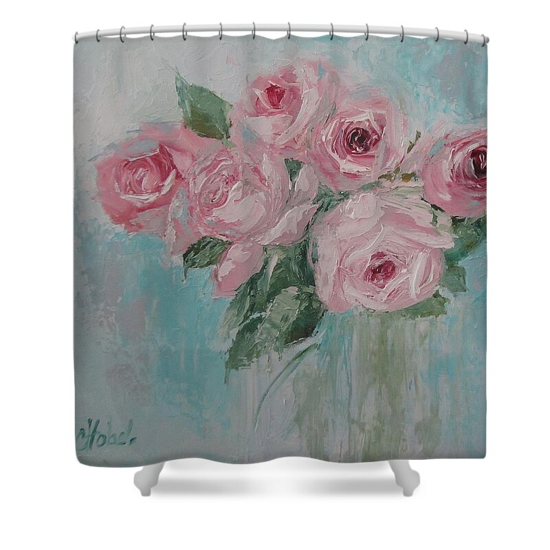 Pink Roses Shower Curtain featuring the painting Shabby Chic Pink Roses Oil Palette Knife Painting by Chris Hobel