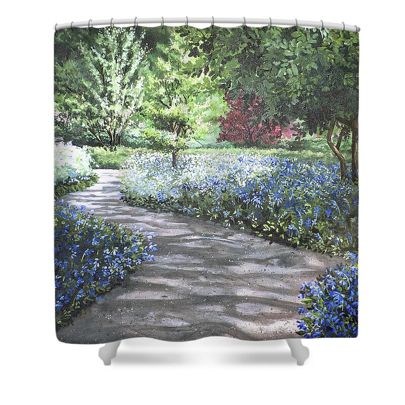 Shades Of Blue Shower Curtain featuring the painting Shades of Blue by Mary Palmer