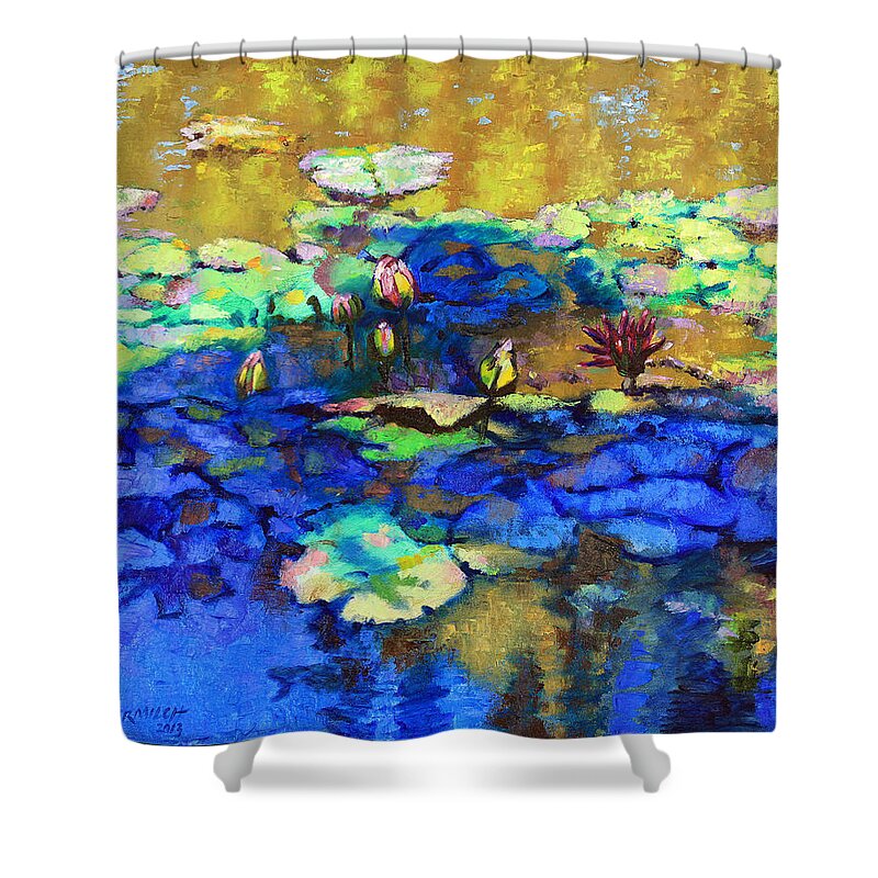 Garden Pond Shower Curtain featuring the painting Shadows and Sunspots by John Lautermilch