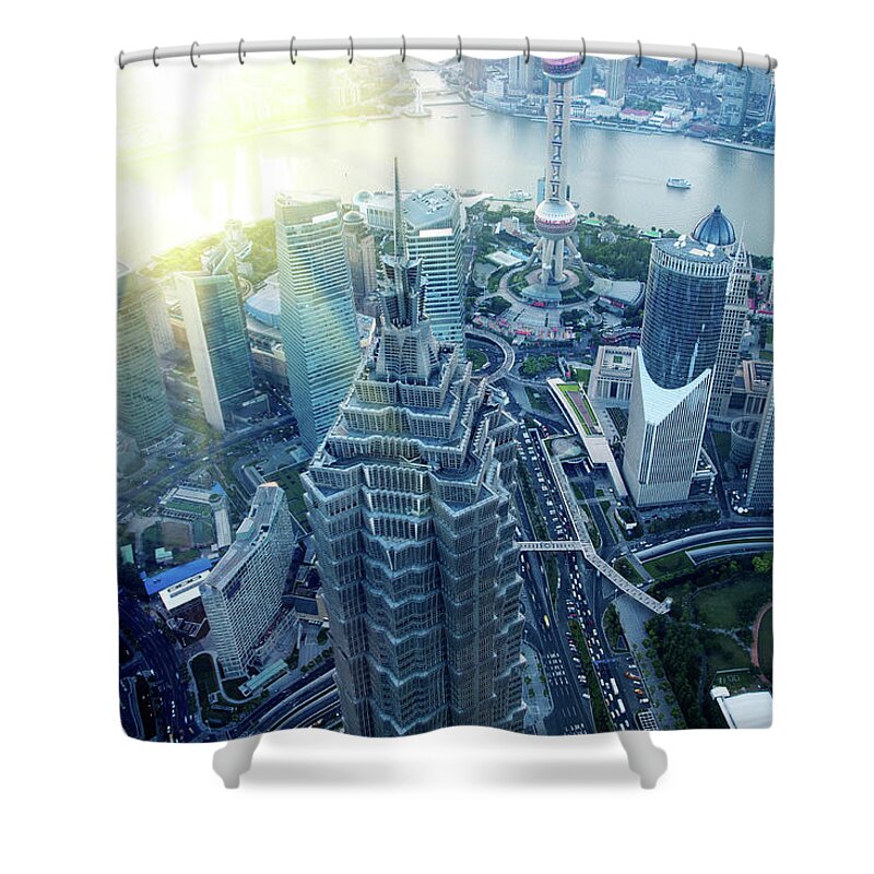 Chinese Culture Shower Curtain featuring the photograph Shanghai Skyscraper by Hudiemm