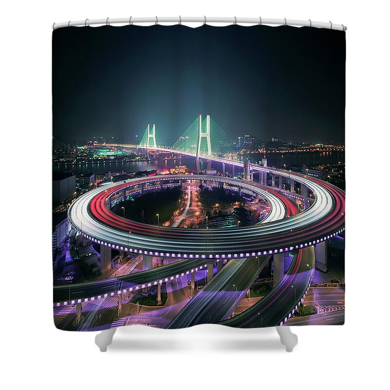 Built Structure Shower Curtain featuring the photograph Shanghais Nanpu Bridge Illuminated At by Martin Puddy
