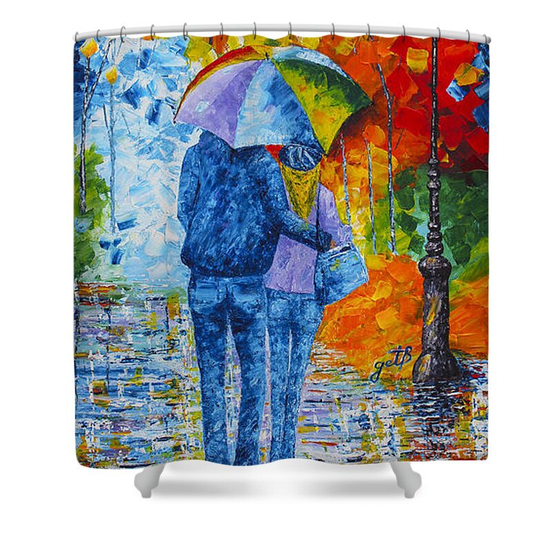 Walking In A Rainy Evening Shower Curtain featuring the painting SHARING LOVE ON A RAINY EVENING original palette knife painting by Georgeta Blanaru
