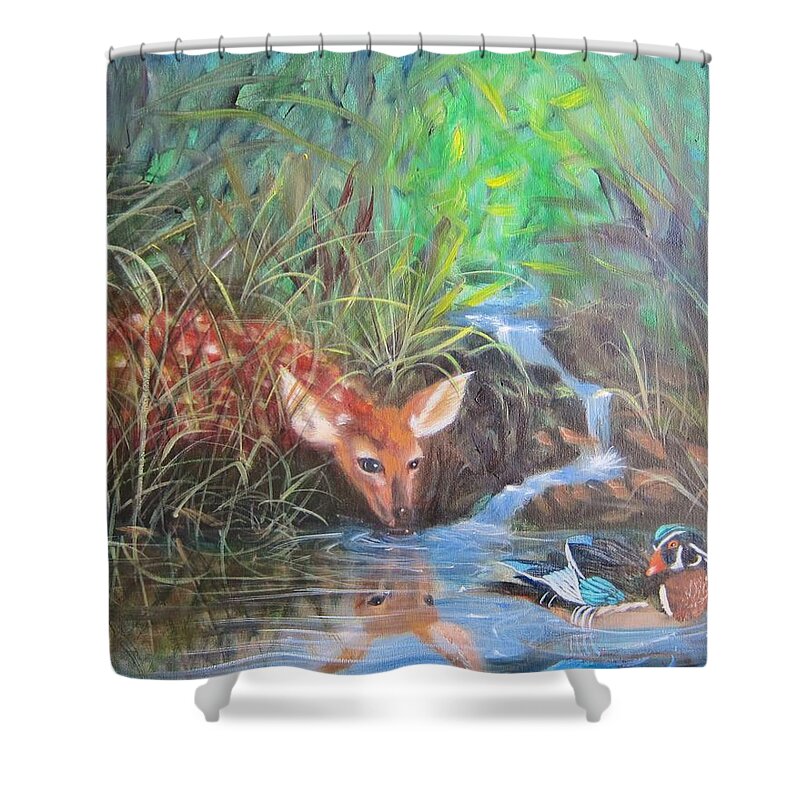 Deer Shower Curtain featuring the painting Sharing the Pond by Sherry Strong