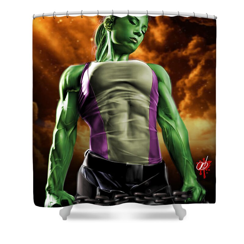She Shower Curtain featuring the painting She-Hulk 2 by Pete Tapang