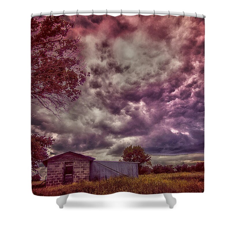 Landscape Shower Curtain featuring the photograph Shed against the Storm by Toni Hopper