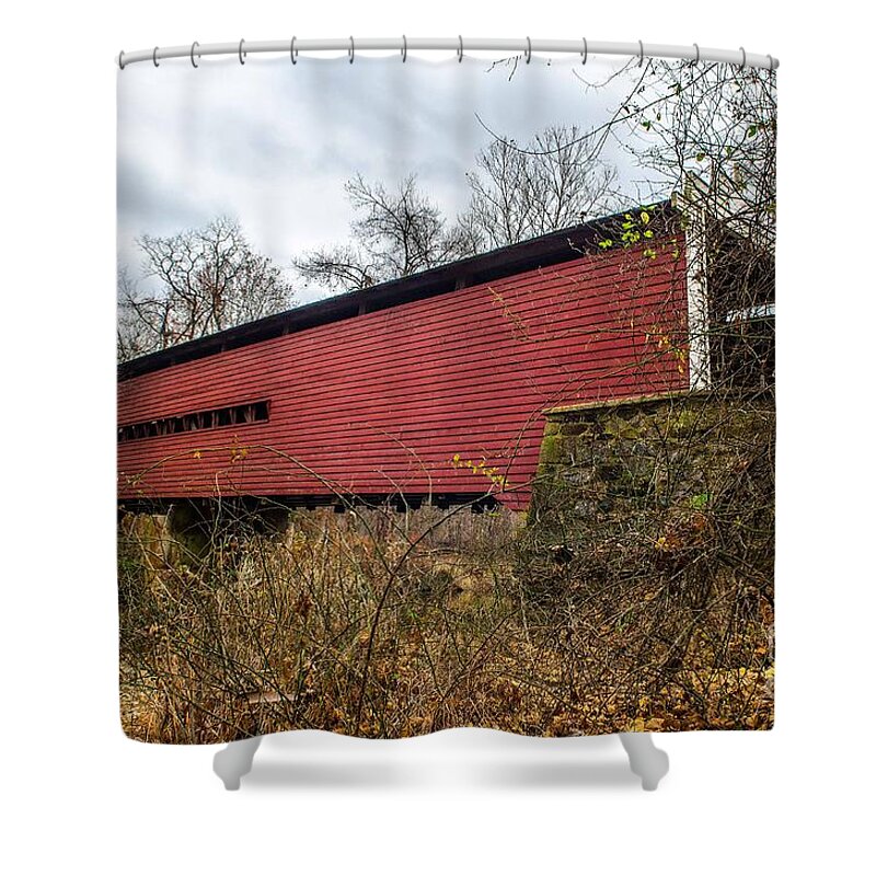 Sheeder Shower Curtain featuring the photograph Sheeder Hall Covered Bridge by Judy Wolinsky